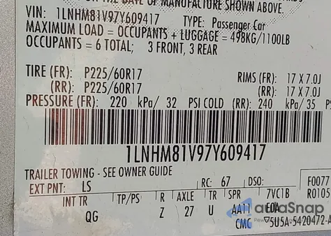 2007 Lincoln Town Car Signature from USA, damaged, VIN 1LNHM81V97Y609417